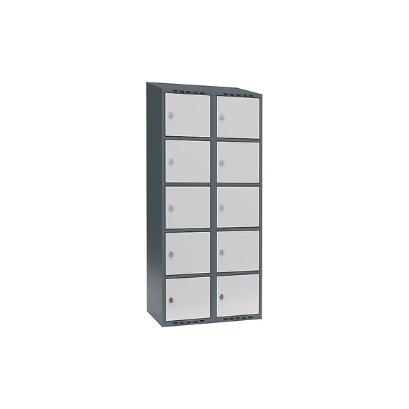 Schließfachschrank Fydor, 5 Fächer, blaugrau / lichtgrau, B 800 mm, 2 Abteile, schräge Dachform, Vorhängeschloss