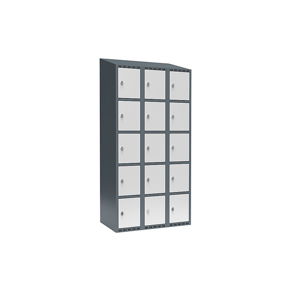 Schließfachschrank Fydor, 5 Fächer, blaugrau / lichtgrau, B 900 mm, 3 Abteile, schräge Dachform, Vorhängeschloss