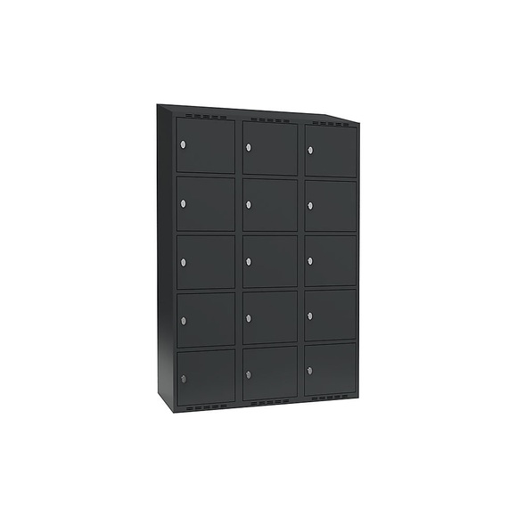 Schließfachschrank Fydor, 5 Fächer, grau, B 1200 mm, 3 Abteile, schräge Dachform, Vorhängeschloss