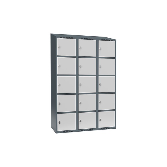 Schließfachschrank Fydor, 5 Fächer, blaugrau / lichtgrau, B 1200 mm, 3 Abteile, schräge Dachform, Vorhängeschloss