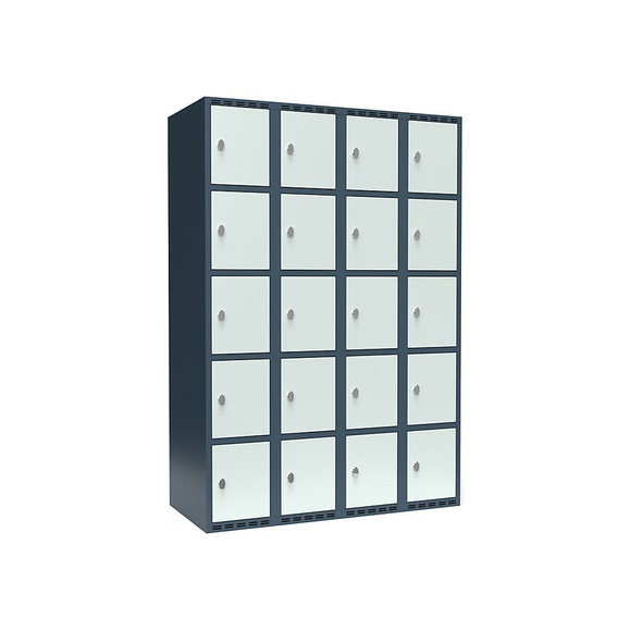Schließfachschrank Fydor, 5 Fächer, blaugrau / lichtgrau, B 1200 mm, 4 Abteile, flache Dachform, Vorhängeschloss