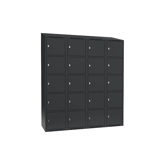 Schließfachschrank Fydor, 5 Fächer, grau, B 1200 mm, 4 Abteile, schräge Dachform, Vorhängeschloss