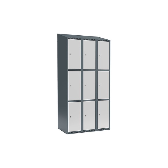 Schließfachschrank Fydor, 3 Fächer, blaugrau / lichtgrau, B 900 mm, 3 Abteile, schräge Dachform, Zylinderschloss