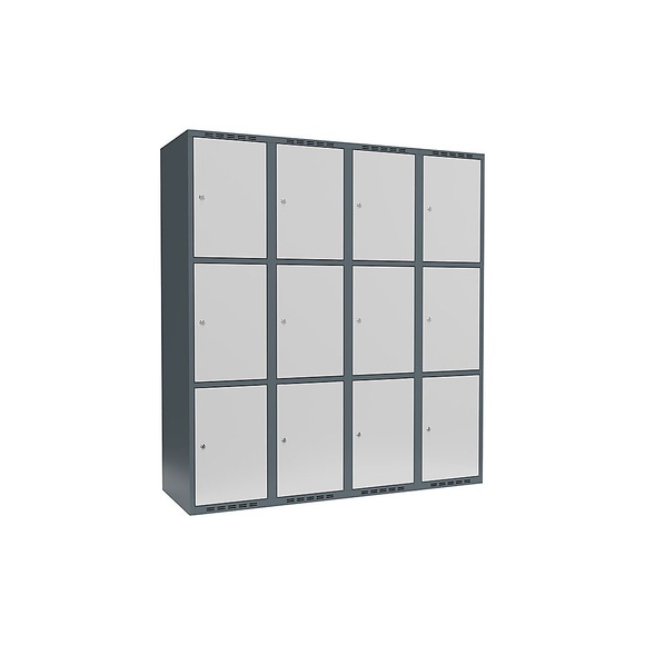 Schließfachschrank Fydor, 3 Fächer, blaugrau / lichtgrau, B 1200 mm, 4 Abteile, flache Dachform, Zylinderschloss