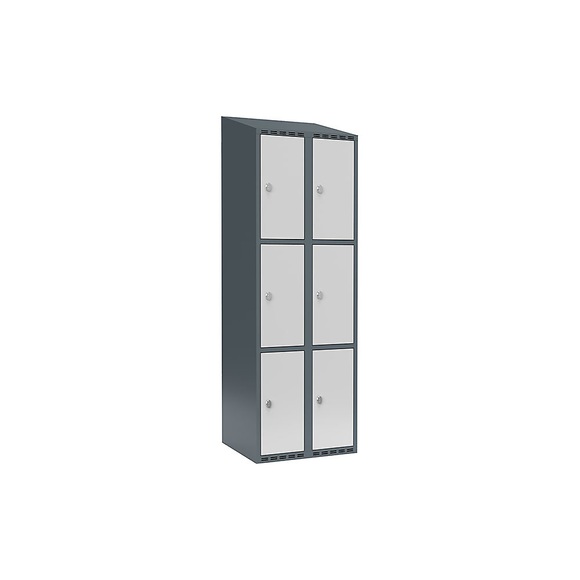 Schließfachschrank Fydor, 3 Fächer, blaugrau / lichtgrau, B 600 mm, 2 Abteile, schräge Dachform, Vorhängeschloss