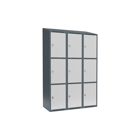 Schließfachschrank Fydor, 3 Fächer, blaugrau / lichtgrau, B 1200 mm, 3 Abteile, schräge Dachform, Vorhängeschloss