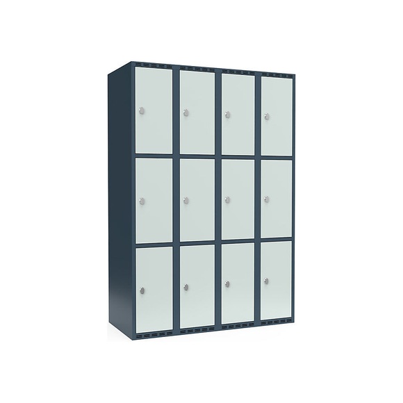 Schließfachschrank Fydor, 3 Fächer, blaugrau / lichtgrau, B 1200 mm, 4 Abteile, flache Dachform, Vorhängeschloss