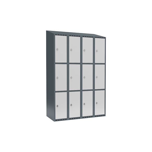 Schließfachschrank Fydor, 3 Fächer, blaugrau / lichtgrau, B 1200 mm, 4 Abteile, schräge Dachform, Vorhängeschloss