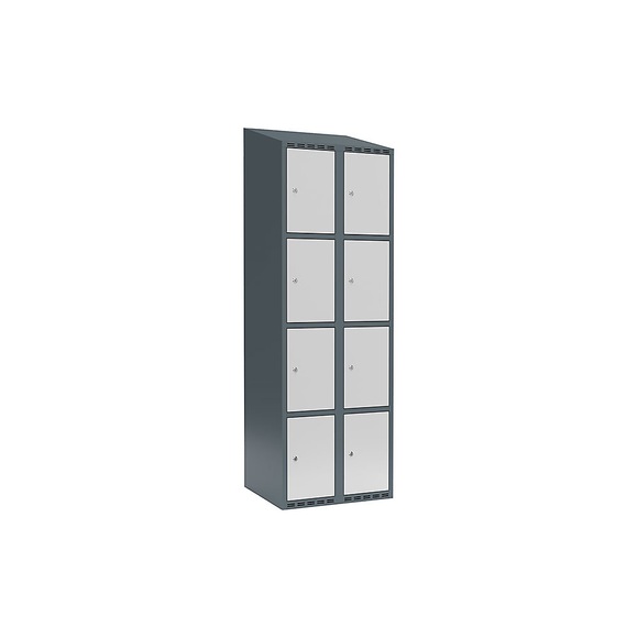 Schließfachschrank Fydor, 4 Fächer, blaugrau / lichtgrau, B 600 mm, 2 Abteile, schräge Dachform, Zylinderschloss