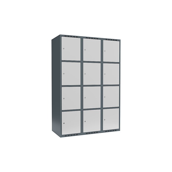 Schließfachschrank Fydor, 4 Fächer, blaugrau / lichtgrau, B 1200 mm, 3 Abteile, flache Dachform, Zylinderschloss