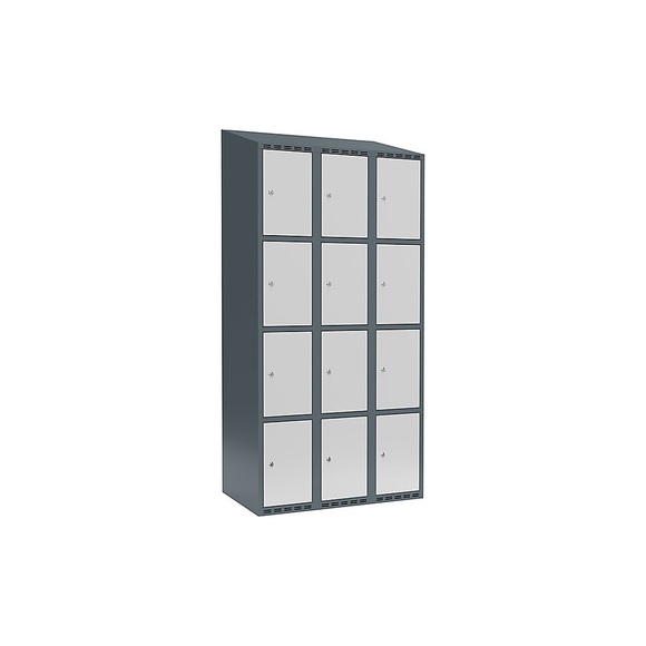 Schließfachschrank Fydor, 4 Fächer, blaugrau / lichtgrau, B 900 mm, 3 Abteile, schräge Dachform, Zylinderschloss
