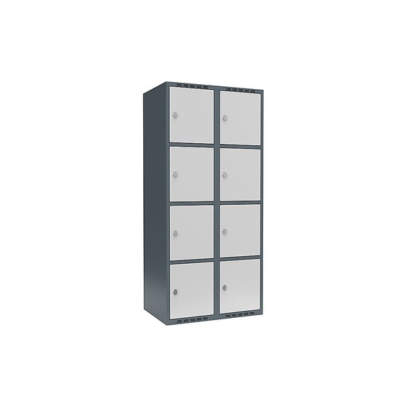 Schließfachschrank Fydor, 4 Fächer, blaugrau / lichtgrau, B 800 mm, 2 Abteile, flache Dachform, Vorhängeschloss