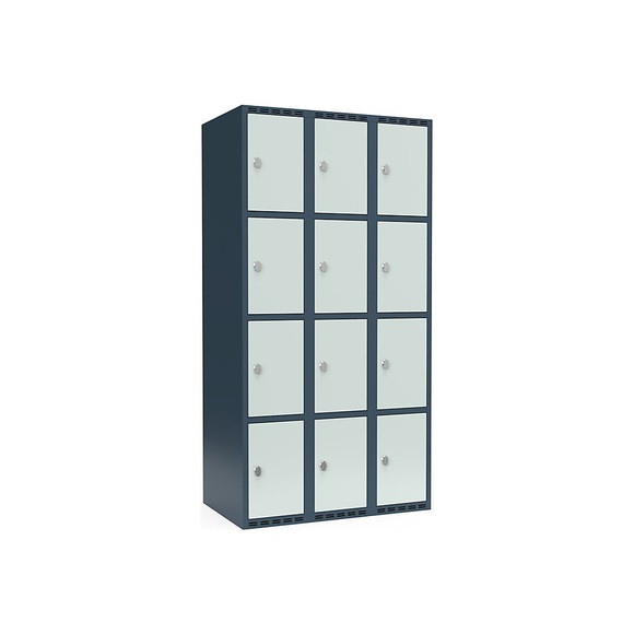 Schließfachschrank Fydor, 4 Fächer, blaugrau / lichtgrau, B 900 mm, 3 Abteile, flache Dachform, Vorhängeschloss