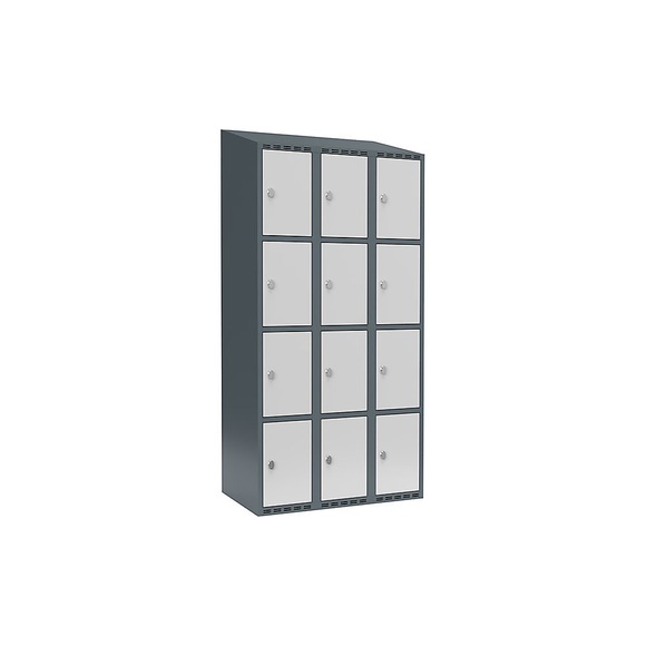 Schließfachschrank Fydor, 4 Fächer, blaugrau / lichtgrau, B 900 mm, 3 Abteile, schräge Dachform, Vorhängeschloss