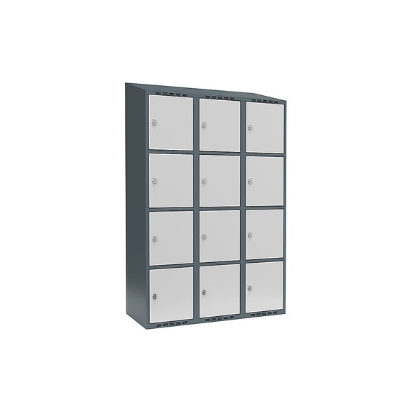 Schließfachschrank Fydor, 4 Fächer, blaugrau / lichtgrau, B 1200 mm, 3 Abteile, schräge Dachform, Vorhängeschloss