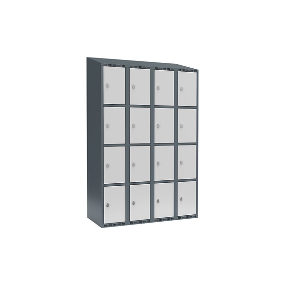 Schließfachschrank Fydor, 4 Fächer, blaugrau / lichtgrau, B 1200 mm, 4 Abteile, schräge Dachform, Vorhängeschloss
