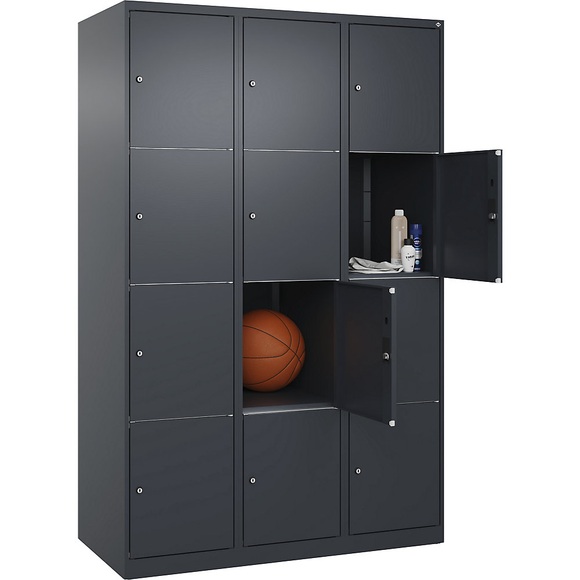 C+P Schließfachschrank Classic PLUS, 3 Abteile, grau, B 1200 mm, 12 Fächer, mit Bodengleitern