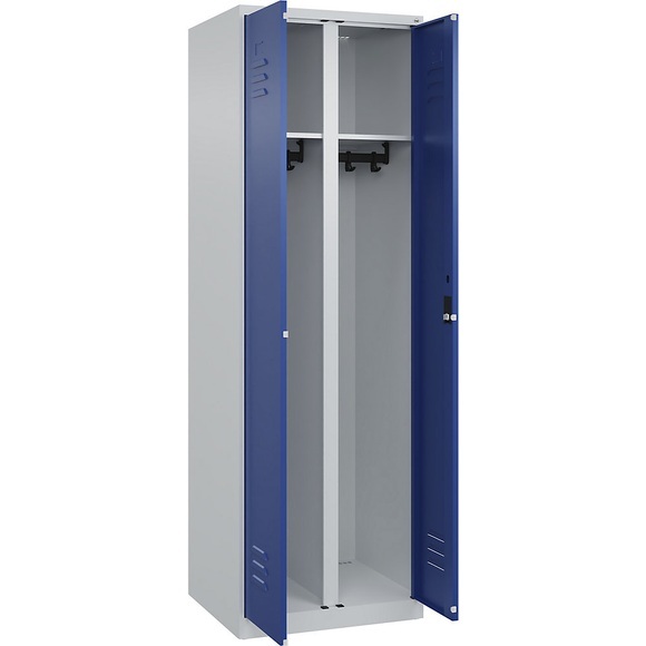 C+P Schwarz-Weiß-Spind Classic PLUS, 1 Abteil, lichtgrau / enzianblau, HxB 1850 x 600 mm, mit Bodengleitern, Zylinderschloss