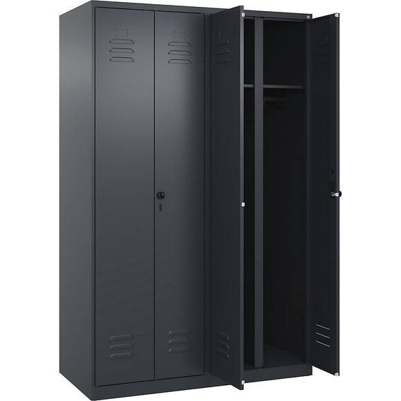 C+P Schwarz-Weiß-Spind Classic PLUS, 2 Abteile, grau, HxB 1850 x 1200 mm, mit Bodengleitern, Drehriegel