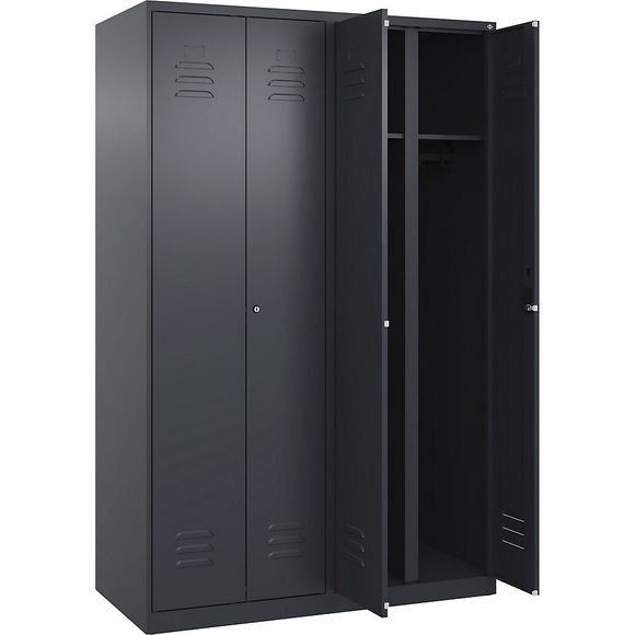 C+P Schwarz-Weiß-Spind Classic PLUS, 2 Abteile, grau, HxB 1850 x 1200 mm, mit Bodengleitern, Zylinderschloss