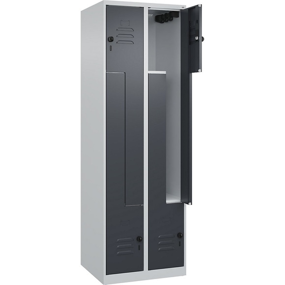 C+P Z-Spind Classic PLUS, 2 Abteile, lichtgrau / grau, B 600 mm, mit Bodengleitern, Drehriegel