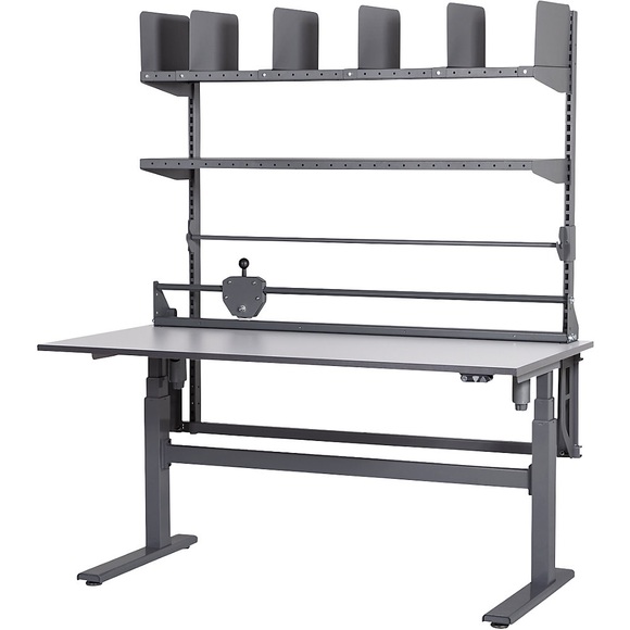 eurokraft pro Packtisch, elektrisch höhenverstellbar, mit 2 Etagenböden, Papier-/Folienabroller und Schneideinheit, Breite 1600 mm