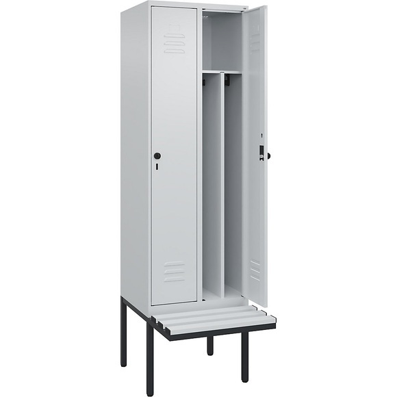 C+P Spind Classic PLUS Sitzbank, 2 Abteile, mittig, lichtgrau, B 600 mm, Sicherheits-Drehriegel, auskragend, Kunststoff