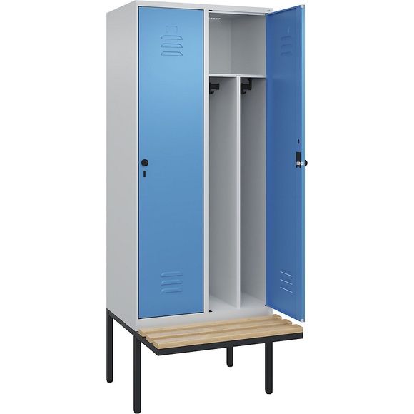 C+P Spind Classic PLUS Sitzbank, 2 Abteile, mittig, lichtgrau / lichtblau, B 800 mm, Sicherheits-Drehriegel, auskragend, Buche-Hartholz