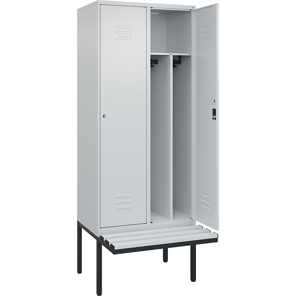 C+P Spind Classic PLUS Sitzbank, 2 Abteile, mittig, lichtgrau, B 800 mm, Zylinderschloss, auskragend, Kunststoff