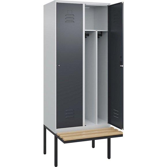 C+P Spind Classic PLUS Sitzbank, 2 Abteile, mittig, lichtgrau / grau, B 800 mm, Zylinderschloss, auskragend, Buche-Hartholz
