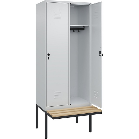 C+P Spind Classic PLUS Sitzbank, 2 Abteile, lichtgrau, B 800 mm, Sicherheits-Drehriegel, auskragend, Buche-Hartholz