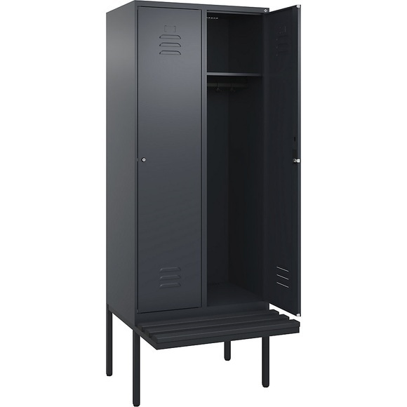 C+P Spind Classic PLUS Sitzbank, 2 Abteile, grau, B 800 mm, Zylinderschloss, auskragend, Kunststoff