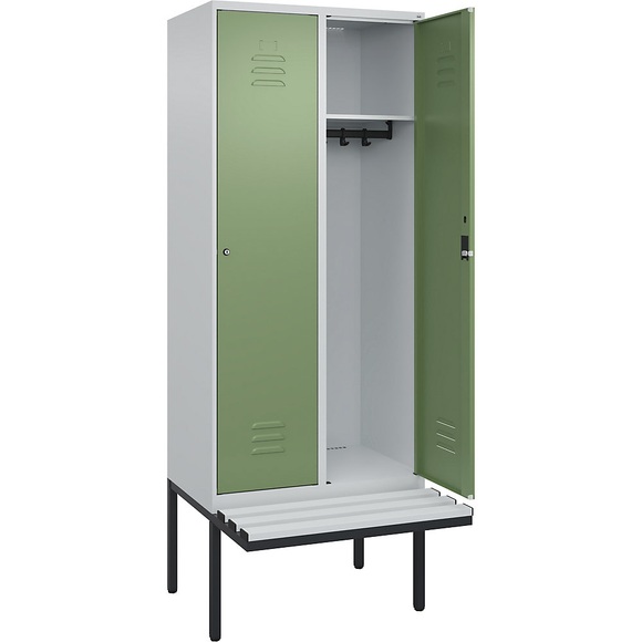 C+P Spind Classic PLUS Sitzbank, 2 Abteile, lichtgrau / resedagrün, B 800 mm, Zylinderschloss, auskragend, Kunststoff