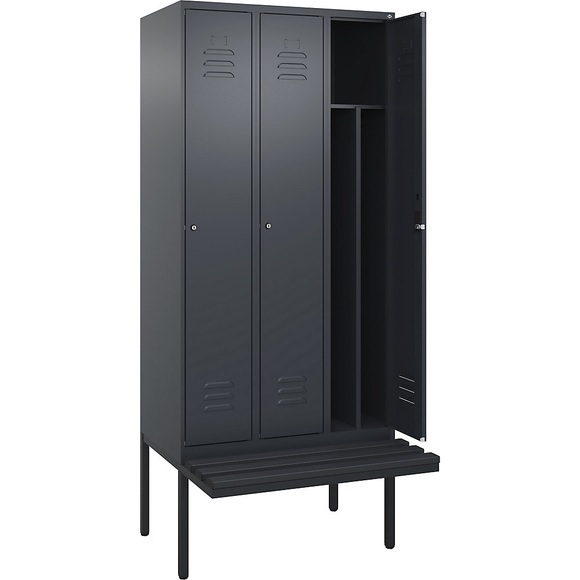 C+P Spind Classic PLUS Sitzbank, 3 Abteile, mittig, grau, B 900 mm, Zylinderschloss, auskragend, Kunststoff