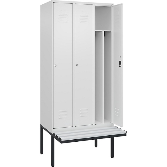 C+P Spind Classic PLUS Sitzbank, 3 Abteile, mittig, verkehrsweiß, B 900 mm, Zylinderschloss, auskragend, Kunststoff