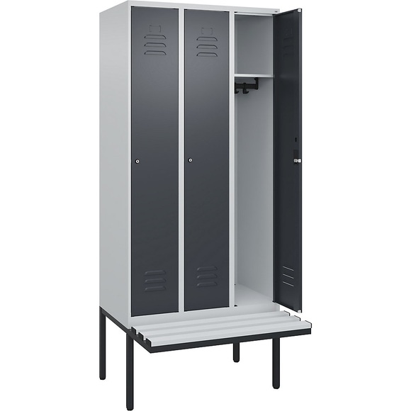 C+P Spind Classic PLUS Sitzbank, 3 Abteile, lichtgrau / grau, B 900 mm, Zylinderschloss, auskragend, Kunststoff