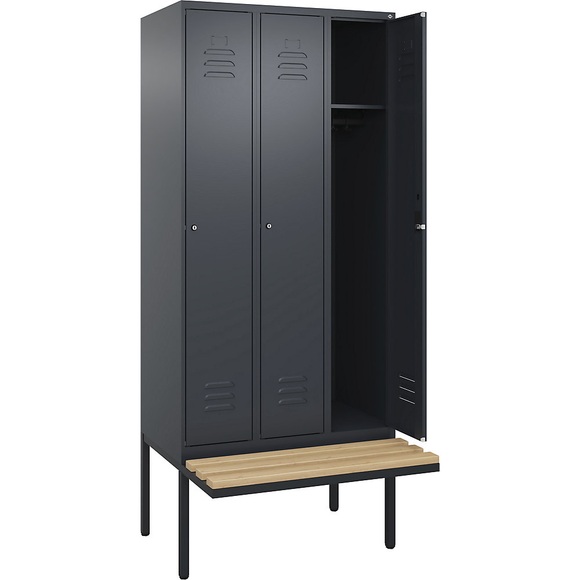 C+P Spind Classic PLUS Sitzbank, 3 Abteile, grau, B 900 mm, Zylinderschloss, auskragend, Buche-Hartholz
