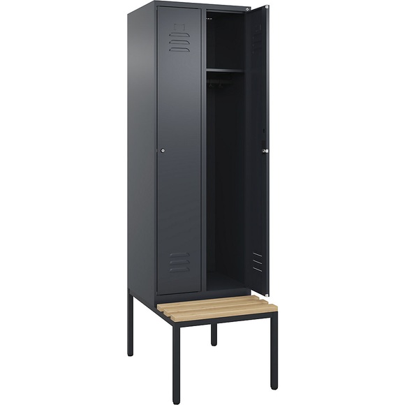 C+P Spind Classic PLUS Sitzbank, 2 Abteile, grau, B 600 mm, Zylinderschloss, untergebaut, Buche-Hartholz