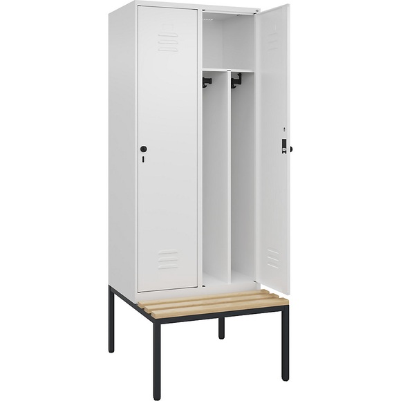 C+P Spind Classic PLUS Sitzbank, 2 Abteile, mittig, verkehrsweiß, B 800 mm, Sicherheits-Drehriegel, untergebaut, Buche-Hartholz