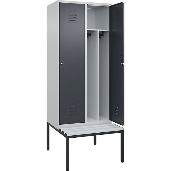 C+P Spind Classic PLUS Sitzbank, 2 Abteile, mittig, lichtgrau / grau, B 800 mm, Zylinderschloss, untergebaut, Kunststoff
