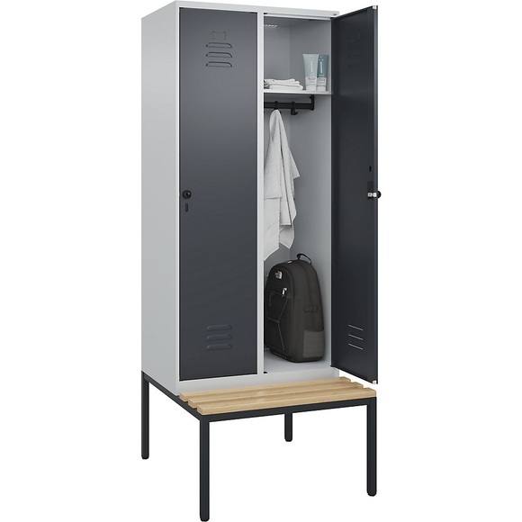 C+P Spind Classic PLUS Sitzbank, 2 Abteile, lichtgrau / grau, B 800 mm, Sicherheits-Drehriegel, untergebaut, Buche-Hartholz
