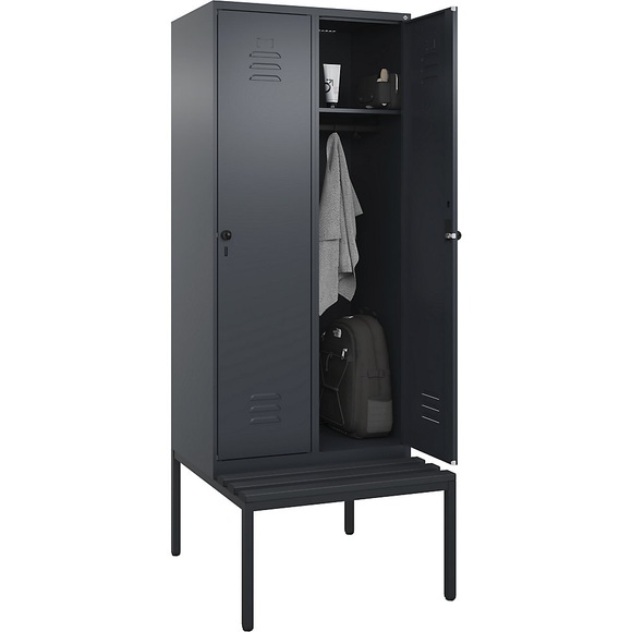 C+P Spind Classic PLUS Sitzbank, 2 Abteile, grau, B 800 mm, Sicherheits-Drehriegel, untergebaut, Kunststoff