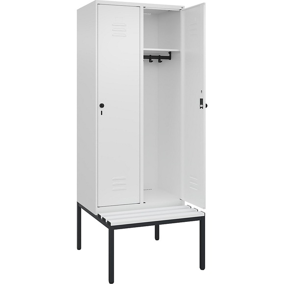 C+P Spind Classic PLUS Sitzbank, 2 Abteile, verkehrsweiß, B 800 mm, Sicherheits-Drehriegel, untergebaut, Kunststoff