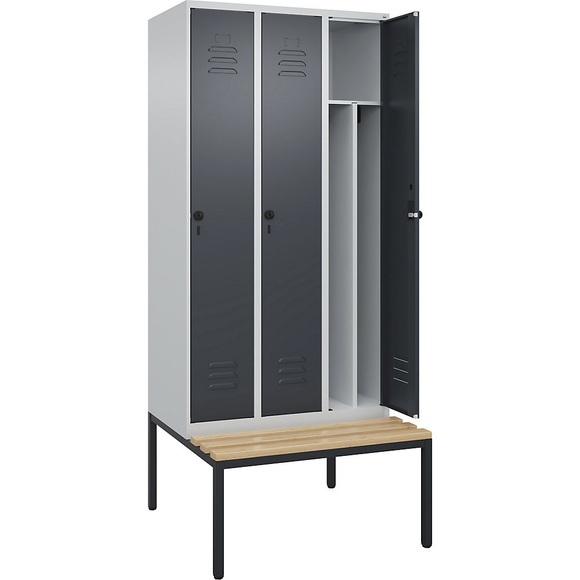 C+P Spind Classic PLUS Sitzbank, 3 Abteile, mittig, lichtgrau / grau, B 900 mm, Sicherheits-Drehriegel, untergebaut, Buche-Hartholz