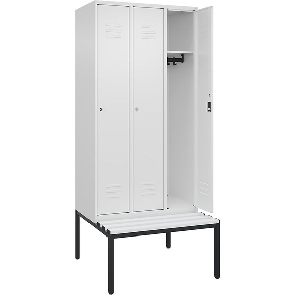 C+P Spind Classic PLUS Sitzbank, 3 Abteile, verkehrsweiß, B 900 mm, Zylinderschloss, untergebaut, Kunststoff
