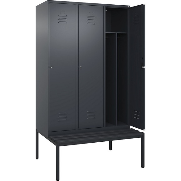 C+P Spind Classic PLUS Sitzbank, 3 Abteile, mittig, grau, B 1200 mm, Zylinderschloss, untergebaut, Kunststoff