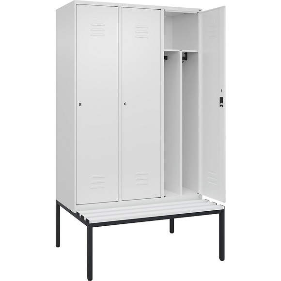 C+P Spind Classic PLUS Sitzbank, 3 Abteile, mittig, verkehrsweiß, B 1200 mm, Zylinderschloss, untergebaut, Kunststoff