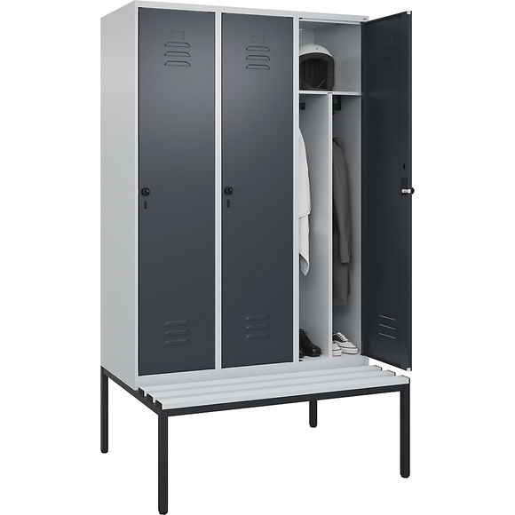 C+P Spind Classic PLUS Sitzbank, 3 Abteile, mittig, lichtgrau / grau, B 1200 mm, Sicherheits-Drehriegel, untergebaut, Kunststoff