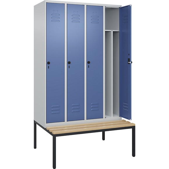 C+P Spind Classic PLUS Sitzbank, 4 Abteile, mittig, lichtgrau / fernblau, B 1200 mm, Sicherheits-Drehriegel, untergebaut, Buche-Hartholz