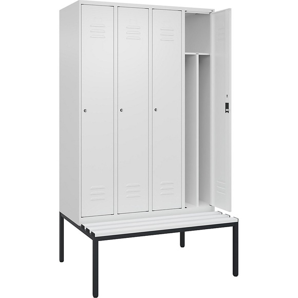C+P Spind Classic PLUS Sitzbank, 4 Abteile, mittig, verkehrsweiß, B 1200 mm, Zylinderschloss, untergebaut, Kunststoff